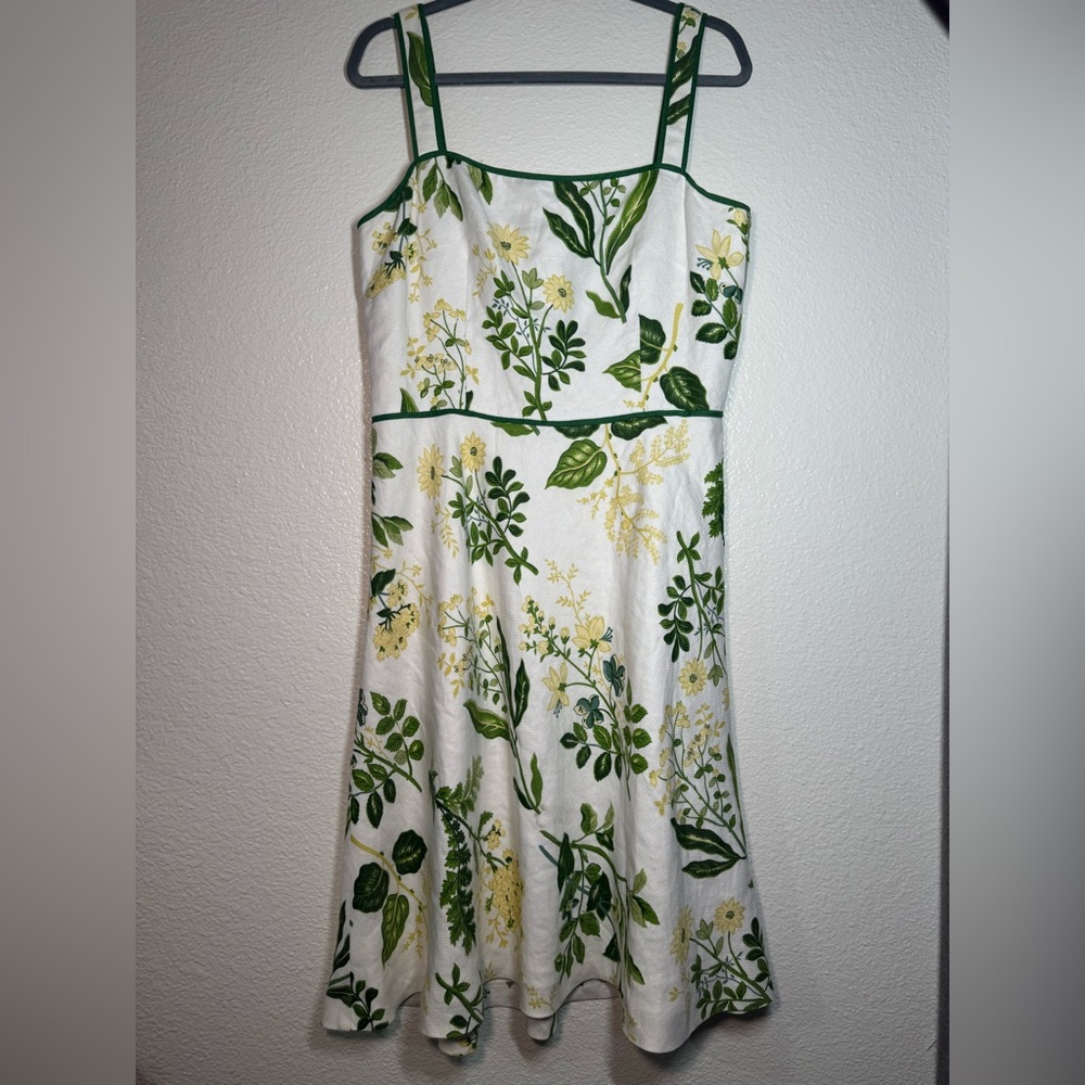 LOFT White Floral Midi Dress with Green Trim